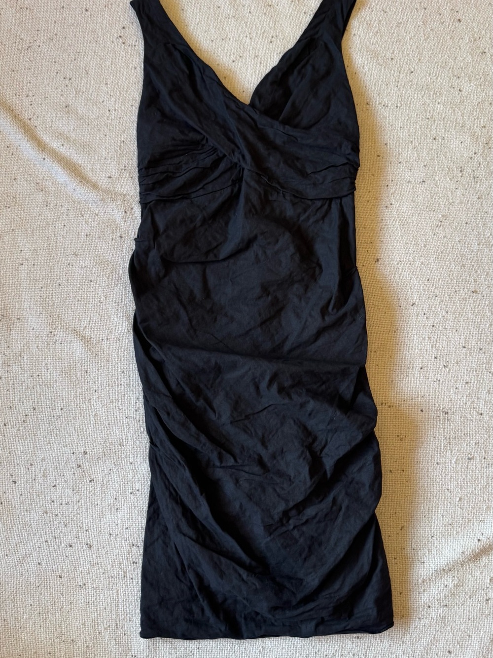 Eileen Fisher Women’s 6 Black Ruched Sheath Dress Italian Fabric Stretch Midi
